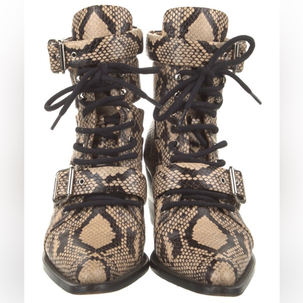 Chloe Rylee Snake-Print Lace-Up Ankle Boots in Beige and Black